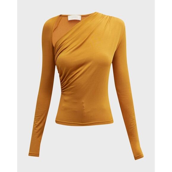 Lapointe Asymmetric Ruched Long-Sleeve Jersey Top Mustard Yellow Size 10 - Picture 2 of 13